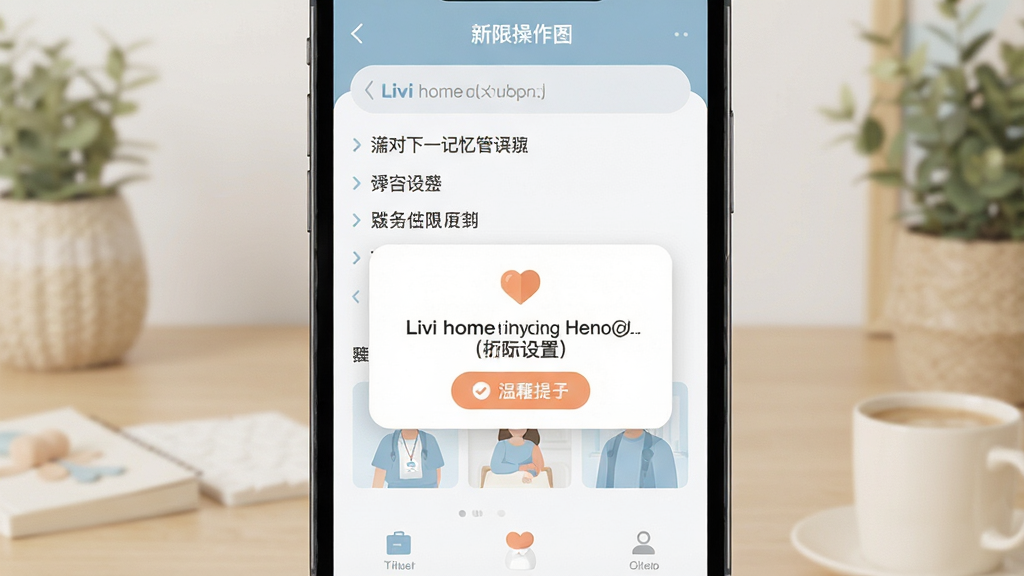 Livi home记忆管家 新手操作界面 手机屏幕展示权限设置步骤 温馨提示弹窗 扁平化风格 柔和配色 高清画质 干净构图