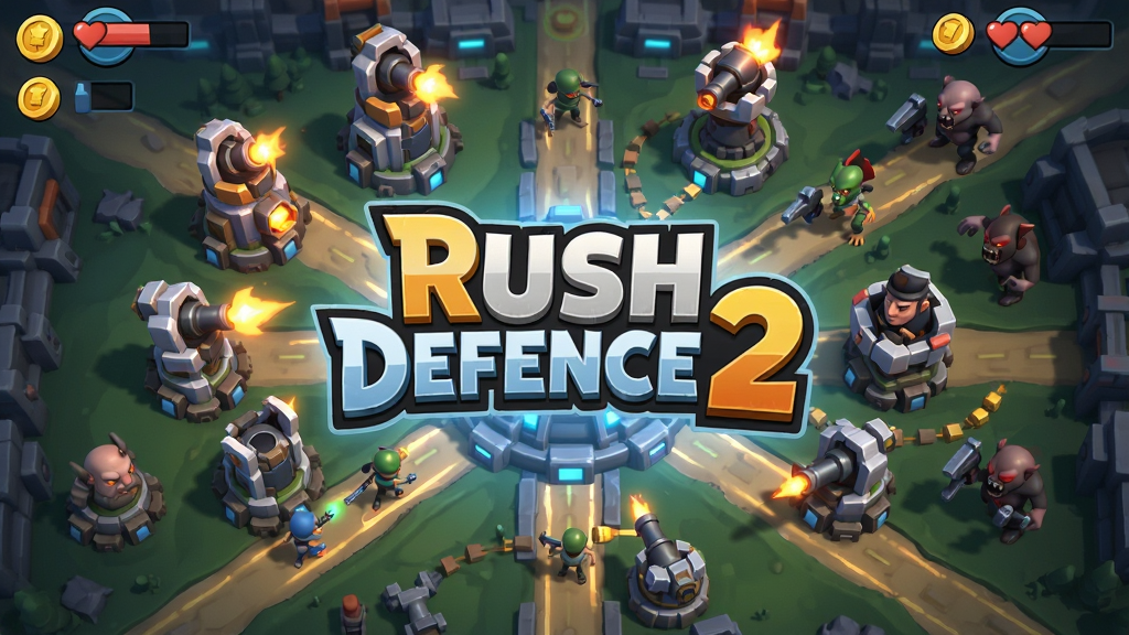 一张手机游戏宣传图,画面中央是Rush Defense2的游戏Logo,周围环绕着多种防御塔和敌人角色,背景是充满科技感的战场地图,布局采用中心放射状排版,风格为卡通写实混合,细节包括塔楼炮口火光、敌人行进路线、金币和生命值图标,画质高清,干净,无多余元素