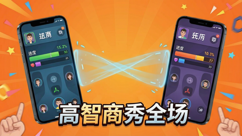 高智商秀全场好友对战场景,画面中央展示两部手机通过虚拟连线连接,屏幕分别显示对战双方的答题进度条与得分,背景为暖橙色渐变,布局左右对称,风格活泼动感,细节丰富,画质干净,无多余元素,画面中带文字“高智商秀全场”