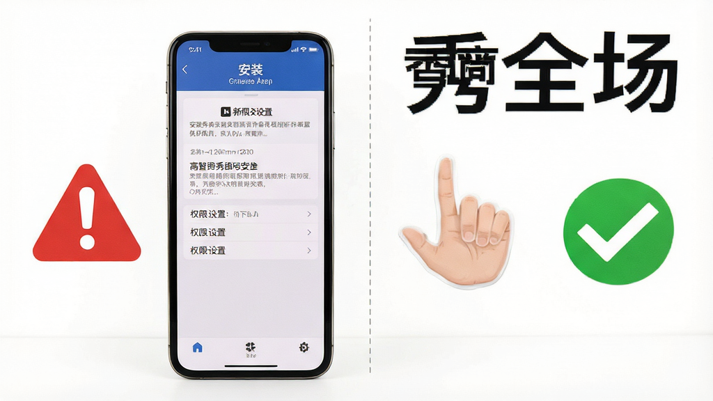 高智商秀全场新手操作示意图,画面展示手机屏幕内标注安装步骤与权限设置界面,旁边配有红色警示图标与绿色对勾图标,背景为白色简洁风格,布局清晰分区,细节明了,画质干净,无多余元素,画面中带文字“高智商秀全场”