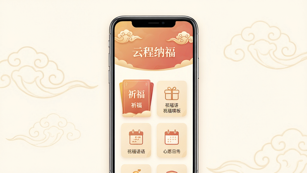 画面中央是一部智能手机,手机屏幕显示“云程纳福”应用主界面,界面以暖金色和浅红色为主色调,顶部有祥云图案装饰,中部排列着祈福卡片、祝福语模板、心愿日历等功能图标。背景是柔和的米白色,点缀淡金色云纹。整体风格温馨简约,排版居中对称,画质清晰干净,无多余元素。