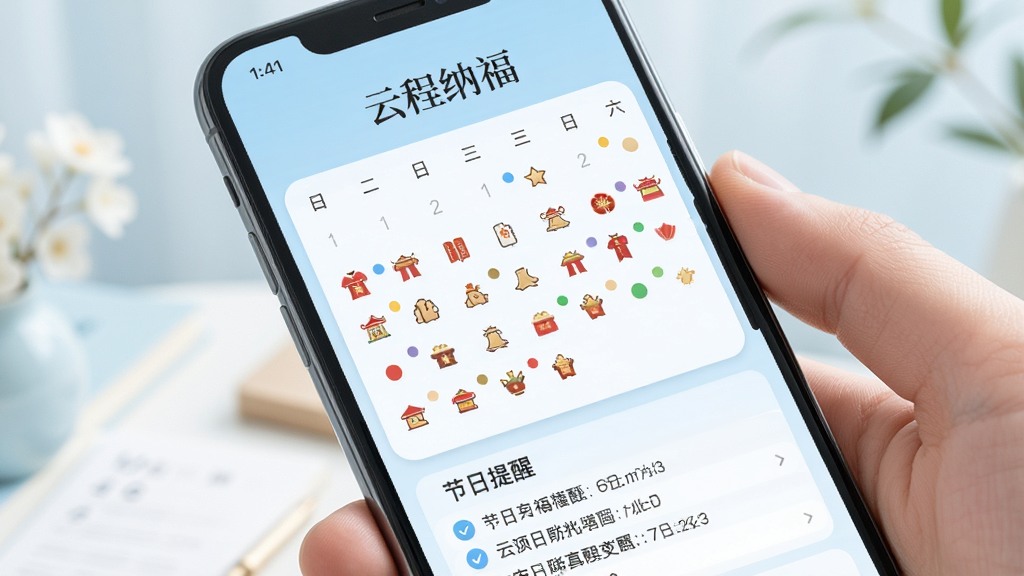 手机屏幕显示“云程纳福”的祈福日历界面,月历上标注了多个节日图标和彩色圆点,下方有节日提醒列表。画面以浅蓝色和白色为主,布局清晰,风格清新素雅,画质干净,文字锐利可读,无多余装饰元素。