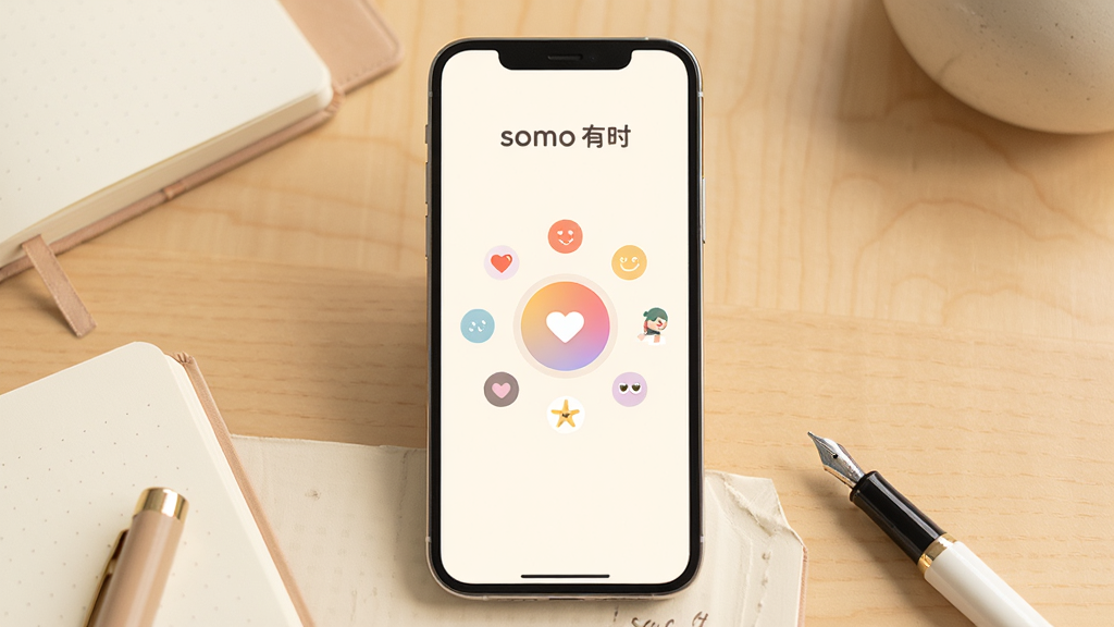 画面中央是一部竖屏智能手机,屏幕内展示着somo有时应用的极简心情记录界面,界面以柔和的米白色为底,中央有一个圆润的彩色情绪选择按钮,周围环绕着代表不同心情的小图标。手机下方散落着几本手账本和一支钢笔,背景是温暖的浅木色桌面。整体风格清新治愈,构图居中,画质清晰干净,无多余元素,字体使用圆体中文