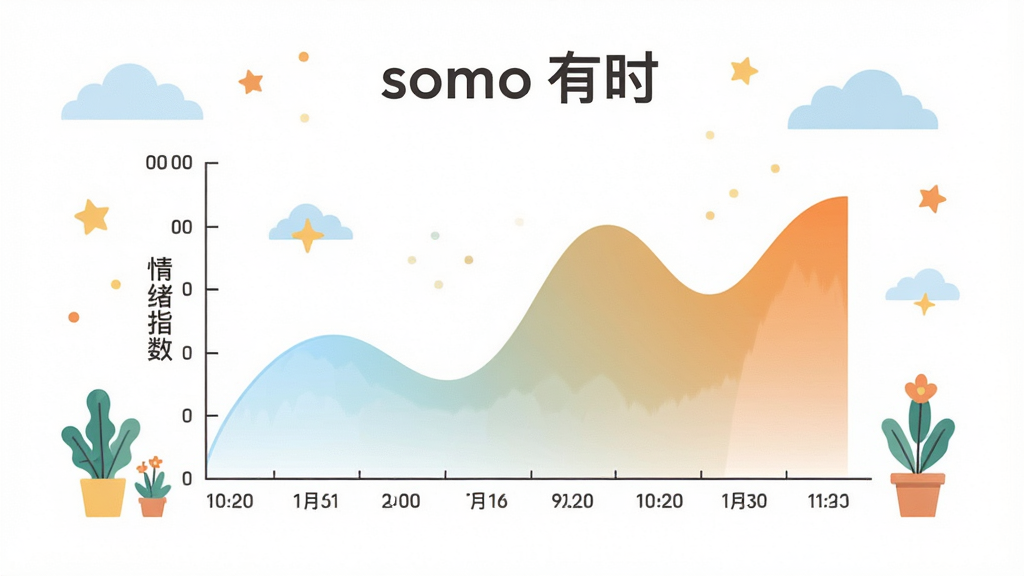 一幅扁平化插画风格的图表页面,展示somo有时应用的月度情绪趋势图,横轴为日期,纵轴为情绪指数,曲线以渐变色填充,从浅蓝过渡到暖橙。图表周围点缀着云朵、星星和小植物等装饰元素。画面风格清新治愈,排版整洁,画质细腻,图表上方标注中文