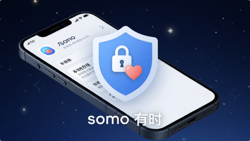 一个盾牌形状的图标悬浮在手机屏幕上方,盾牌内部有一把小锁和一颗爱心,手机屏幕显示somo有时应用的本地存储设置页面。背景是深蓝色渐变星空,点缀着细小的光点,整体风格安全可靠,画质清晰,盾牌下方有中文