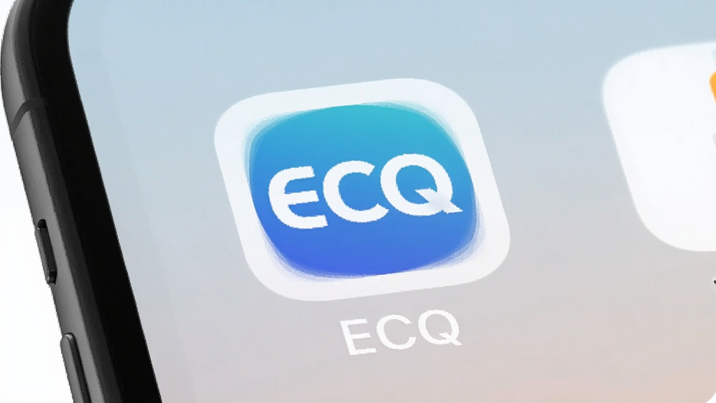 手机屏幕居中显示ECQ应用图标,背景为干净的浅色渐变,图标下方有