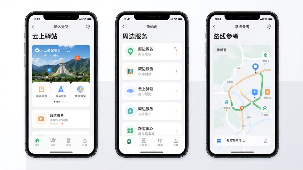 一张手机应用功能展示图,画面为横向排列的三块手机屏幕,分别显示“云上驿站”的景区导览页、周边服务列表页与路线参考页,界面采用浅色卡片设计,图标简洁,背景为纯白与浅灰搭配,风格为现代扁平化UI展示,画质高清,干净,无多余元素