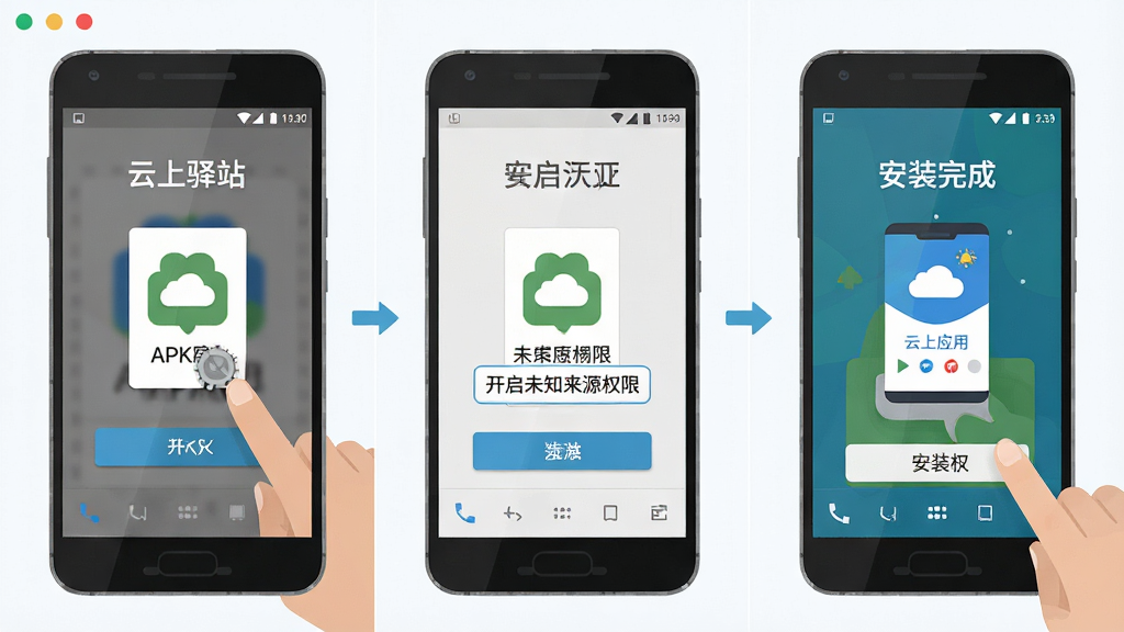 一张安卓手机安装应用步骤示意图,画面从左到右展示三个操作画面:点击APK文件、开启未知来源权限、安装完成打开应用,界面为“云上驿站”安装流程,布局为横向三格分镜,风格为扁平化操作指引插画,细节包含手机边框、按钮高亮与文字标注,画质清晰,干净,无多余元素