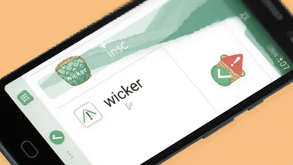 一部安卓手机屏幕显示“wicker”应用安装界面,旁边有红色警示标志和绿色对勾图标,背景为浅橙色,风格扁平化插画,布局简洁明了,画质清晰,干净,无多余元素