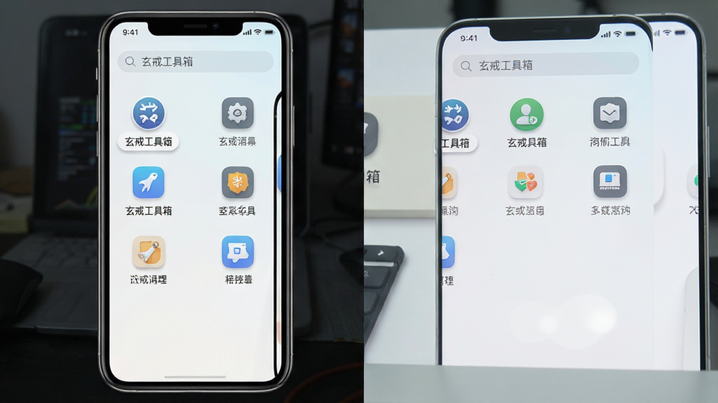 一张手机屏幕展示玄戒工具箱主界面的预览图,画面主体为一部现代智能手机,屏幕上清晰显示“玄戒工具箱”应用界面,界面包含多个功能图标整齐排列,布局简洁,背景为浅色渐变,风格为扁平化科技风,细节包括图标阴影、文字标签、顶部搜索栏,画质清晰干净,无多余元素,整体呈现专业软件展示效果