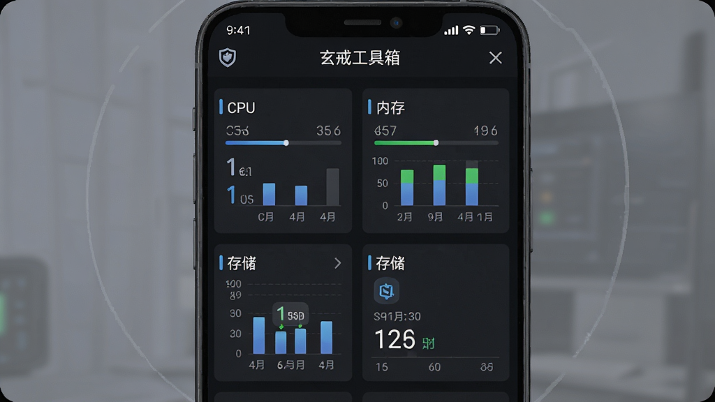 一张手机系统检测界面的预览图,画面主体为“玄戒工具箱”的系统检测页面,显示CPU、内存、存储等数据图表,布局清晰,风格为深色科技风,细节包括进度条、数值标签、图标,画质清晰干净,无多余元素