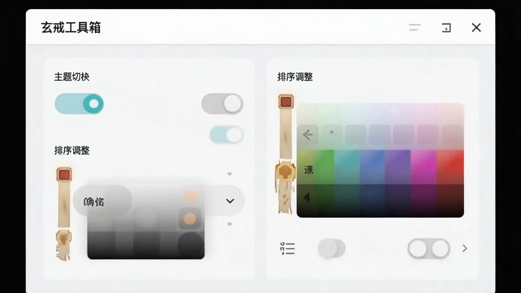 一张展示个性化设置界面的预览图,画面主体为“玄戒工具箱”的设置页面,包含主题切换、排序调整等选项,布局简洁,风格为浅色极简风,细节包括开关按钮、颜色选择器,画质清晰干净,无多余元素