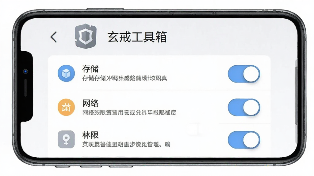 一张手机屏幕展示玄戒工具箱权限设置界面的预览图,画面主体为“玄戒工具箱”的权限管理页面,包含存储、网络等权限开关,布局清晰,风格为浅色商务风,细节包括权限说明文字和图标,画质清晰干净,无多余元素