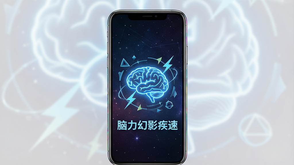 一张展示脑力幻影疾速软件主界面的概念图,画面中央是一部智能手机,手机屏幕上显示着“脑力幻影疾速”的启动界面,界面中央有一个发光的蓝色大脑图标,周围环绕着闪电和几何图形,背景是深色渐变星空,主体清晰,布局居中,竖版构图,风格科技感与简约结合,细节上手机边框有轻微反光,画质高清,干净,无多余元素