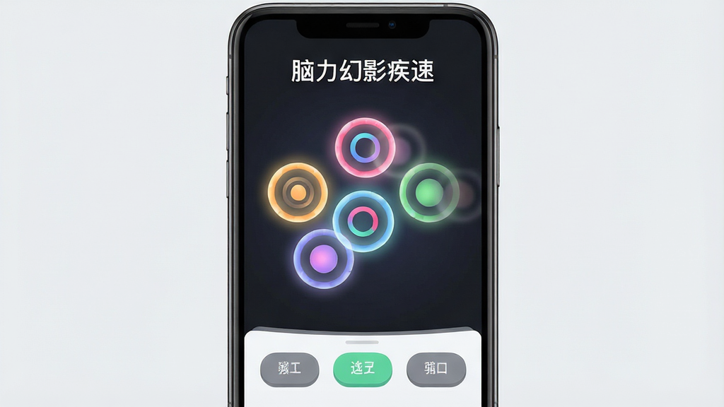 一张展示脑力幻影疾速记忆训练模块的界面概念图,画面中手机屏幕显示着“脑力幻影疾速”的记忆幻影挑战界面,屏幕中央有五个彩色圆形图案正在逐渐淡出,下方有对应的选择按钮,背景为干净的浅灰色,主体突出,布局为竖版手机界面,风格清新明快,细节上图案边缘有柔和的发光效果,画质清晰,干净,无多余元素