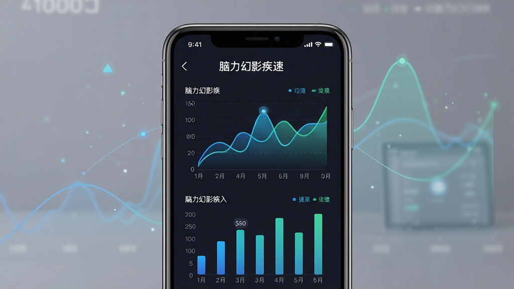 一张展示脑力幻影疾速数据统计页面的概念图,画面中手机屏幕显示着“脑力幻影疾速”的训练数据面板,包含折线图和柱状图,图表颜色为蓝绿渐变,背景为深色,主体为手机界面,布局居中竖版,风格现代简洁,细节上图表线条流畅,数字清晰可见,画质高清,干净,无多余元素