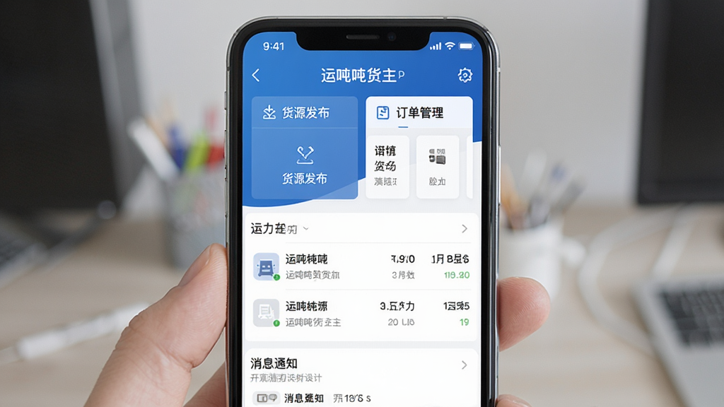 一张展示运吨吨货主软件主界面的手机截图,画面中央是手机屏幕,屏幕内显示运吨吨货主APP的首页布局,上方有货源发布入口和订单管理模块,下方有运力列表和消息通知区域,整体采用蓝白配色,风格简洁商务,细节清晰,画质干净,无多余元素