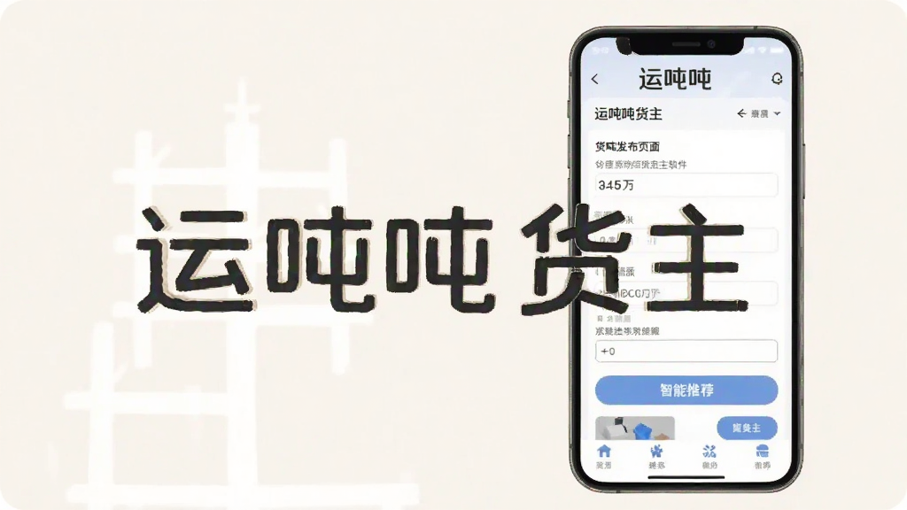 运吨吨货主软件中货源发布页面的手机界面展示,屏幕内可见货物信息填写表单和智能推荐按钮,背景为浅色,画面风格干净整洁,突出运吨吨货主文字标识,画质清晰,无多余元素