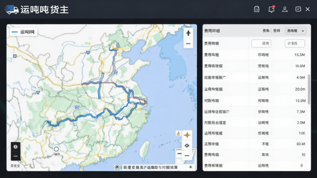 运吨吨货主软件中运输跟踪与对账结算功能的界面组合图,左侧显示地图轨迹,右侧显示费用明细表格,整体布局清晰,风格商务简洁,画面中带有运吨吨货主字样,画质干净,无多余元素