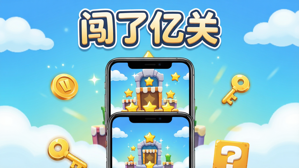 画面中央展示一款名为“闯了亿关”的手机休闲游戏主界面,整体采用明亮活泼的卡通风格,背景是渐变的天空蓝与云朵,画面中间是层叠的关卡入口和闪烁的星星,前景有一部智能手机竖屏展示游戏画面,手机周围散落着金币、钥匙和问号方块等闯关元素,布局简洁居中,排版清晰,风格为休闲游戏宣传图,细节上文字“闯了亿关”以圆润字体显示在画面顶部,画质高清,干净,无多余元素
