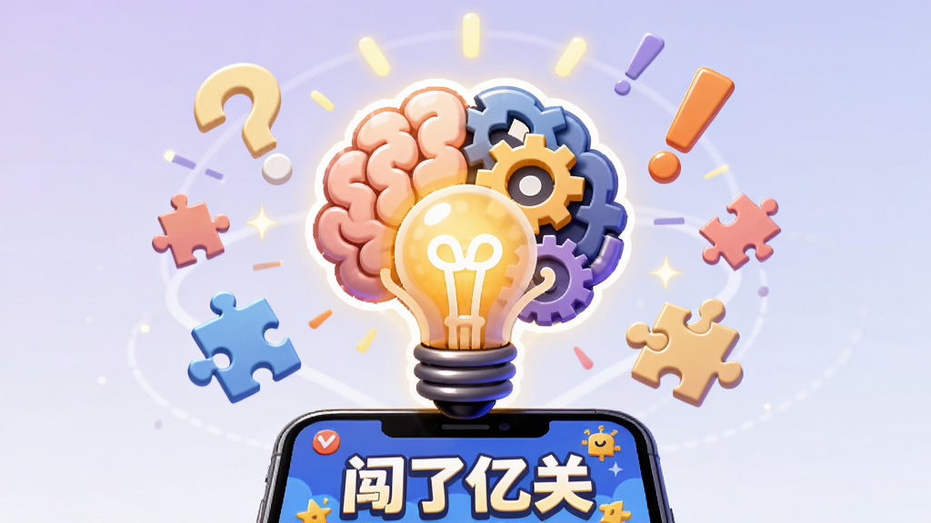 画面中央是一个发光的灯泡和齿轮组合成的卡通大脑,大脑周围环绕着问号、感叹号和拼图碎片,背景为淡紫色渐变,前方有一部手机屏幕显示“闯了亿关”的游戏界面,布局采用中心辐射式,风格为创意插画,细节上大脑内部有齿轮转动,画质高清,干净,无多余元素