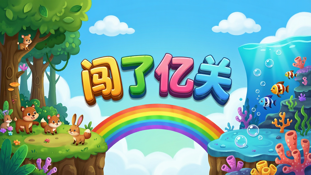 画面展示一个色彩缤纷的卡通世界,左侧是森林主题关卡,右侧是海洋主题关卡,中间由一道彩虹桥连接,背景是蓝天白云,画面中央有“闯了亿关”的立体字样,布局采用左右对称构图,风格为童话绘本风,细节上森林里有小动物,海洋里有气泡和珊瑚,画质高清,干净,无多余元素