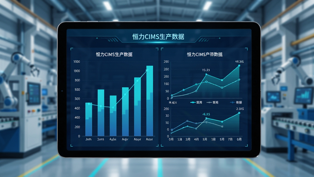 工业数据看板风格的图片,画面中为平板电脑或手机屏幕显示恒力CIMS生产数据图表,包含柱状图与折线图,背景为现代化工厂车间虚化场景,科技感强,配色以深蓝与青色为主,高清画质,画面干净整洁