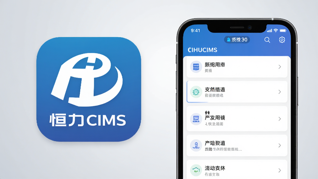 恒力CIMS应用程序图标特写与手机界面组合展示图,图标位于画面左侧,右侧为手机屏幕显示软件功能列表,背景为浅灰色渐变,整体风格简洁科技感,高清画质,干净无多余装饰